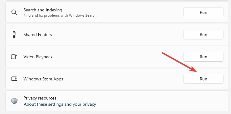 Кнопка запуска средства устранения неполадок Microsoft Store
