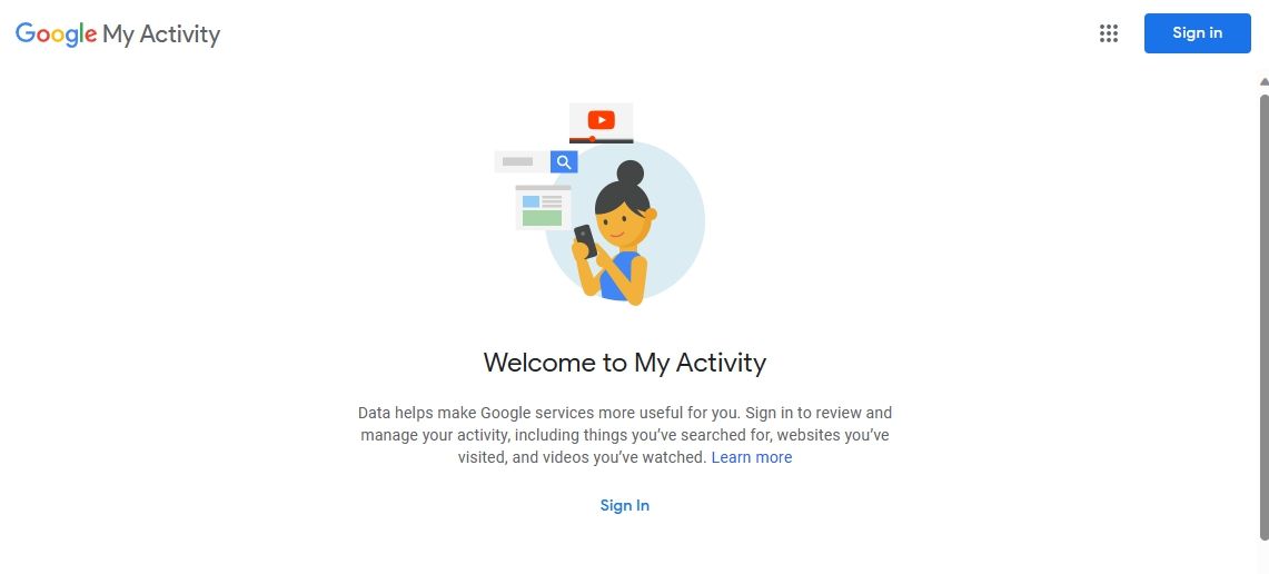 Опция входа на странице Google Моя активность