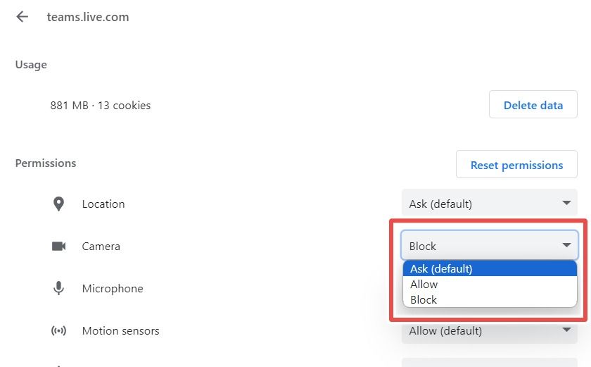 Права камеры для Teams в Chrome