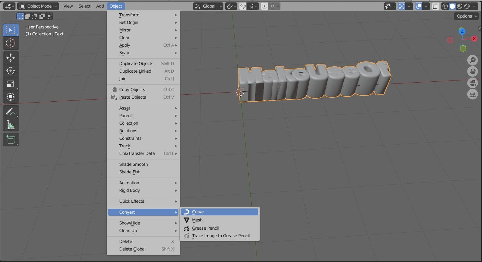Меню Object в Blender.