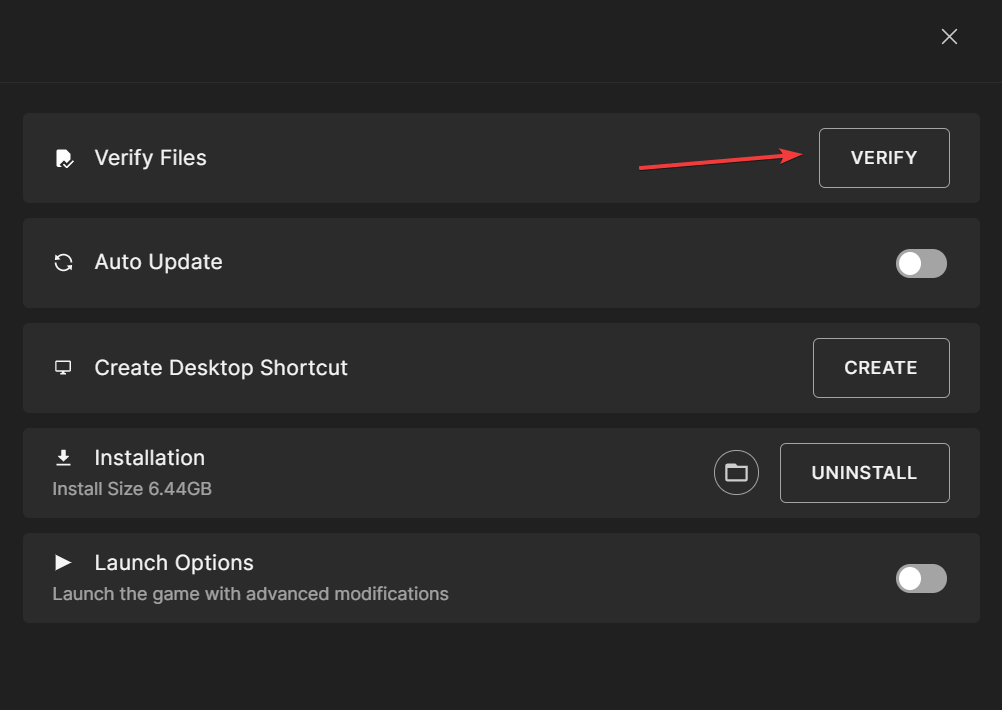 Кнопка Проверить файлы в Epic Games Launcher