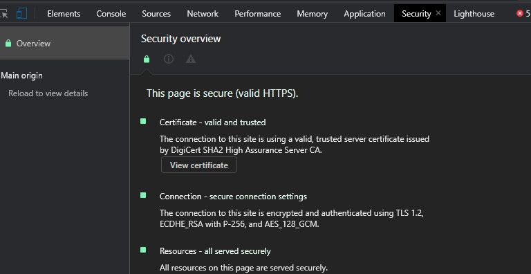 Использование вкладки Security для проверки сертификатов и соединения
