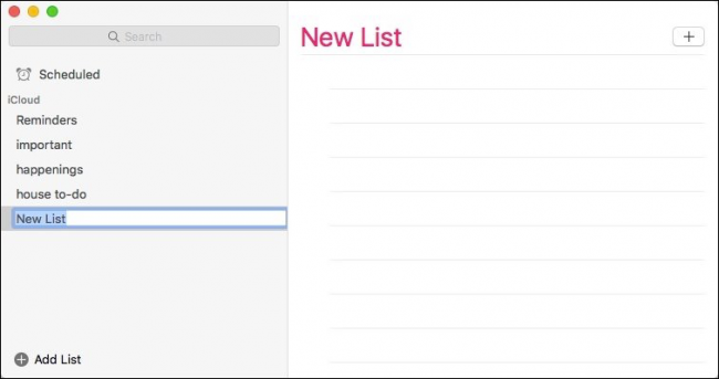 Кнопка «Добавить список» в приложении «Напоминания» на Mac