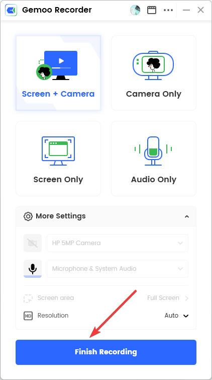 Кнопка Finish Recording и процесс выгрузки