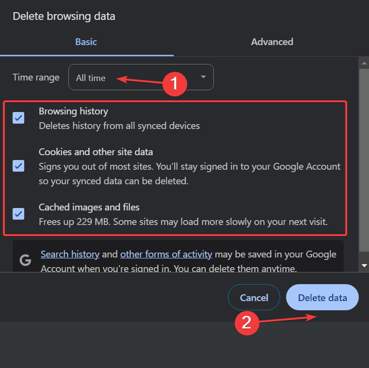 Очистка данных браузера в Chrome — окно настроек