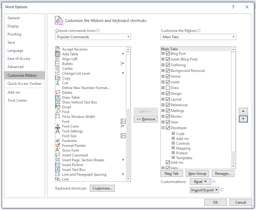 Окно настройки ленты в Word