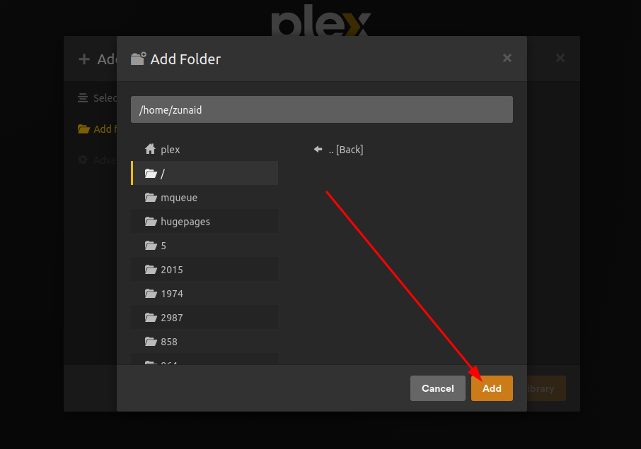 A Plex web UI webpage showing the directories on your Ubuntu device with the available media