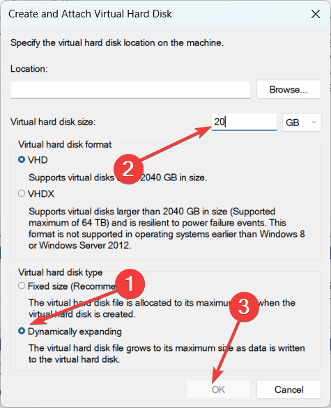 Настройка динамически расширяемого VHD и размера