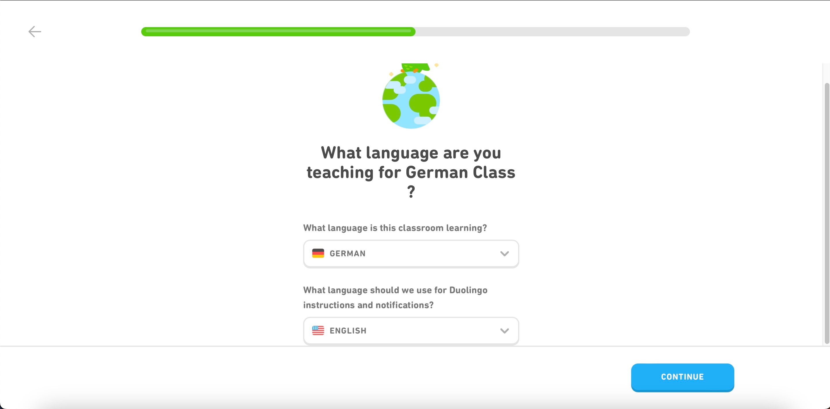 Выбор языков для Duolingo for Schools: окно выбора языка