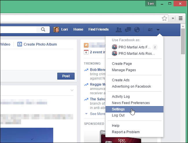 Выбор Настроек на Facebook