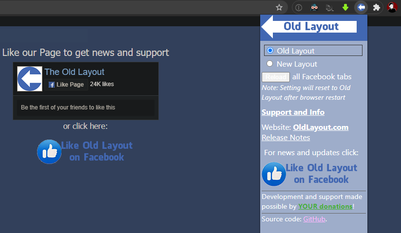 Иконка расширения Old Layout и меню в браузере