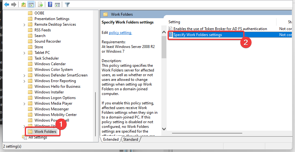 Параметры Work Folders