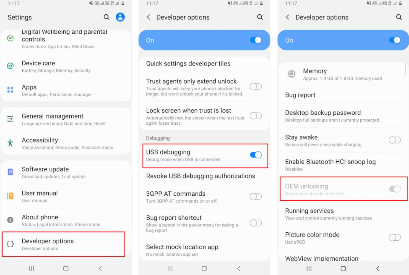 Android Entwickleroptionen: USB-Debugging und OEM-Entsperrung aktiviert auf Pixel