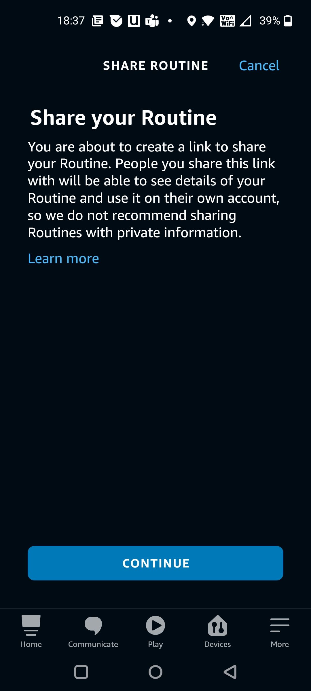 Select Continue to Share Your Routine