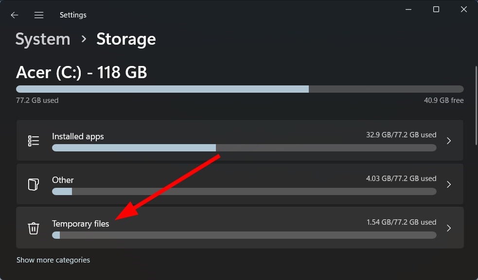 Пункт временных файлов в настройках хранения