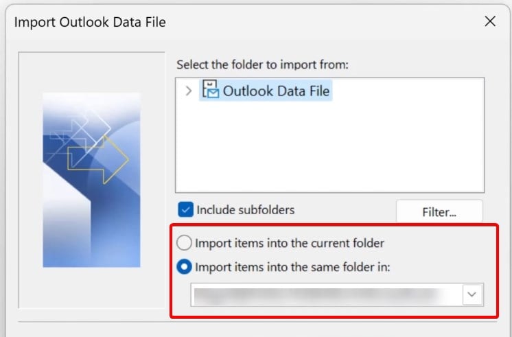 Выбор папки назначения: текущая папка или почтовый ящик
