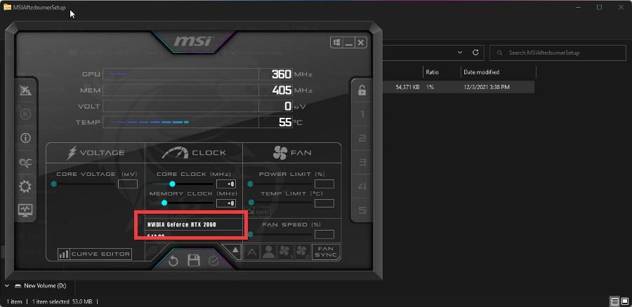 Интерфейс MSI Afterburner с обнаруженной видеокартой