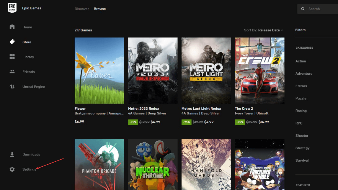 Профиль и настройки в Epic Games Launcher