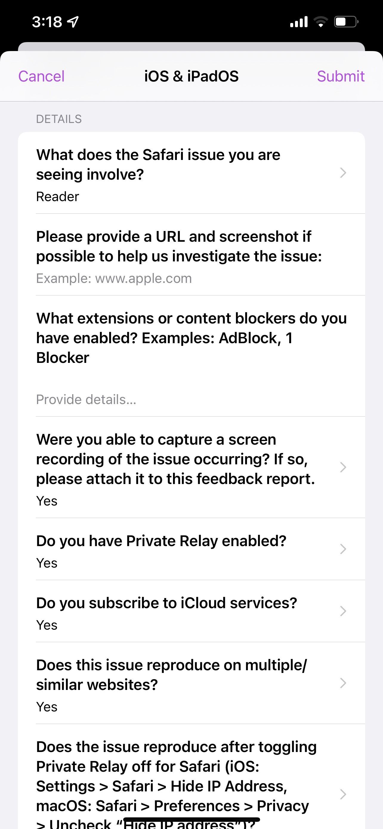 детали новой формы отчёта iOS