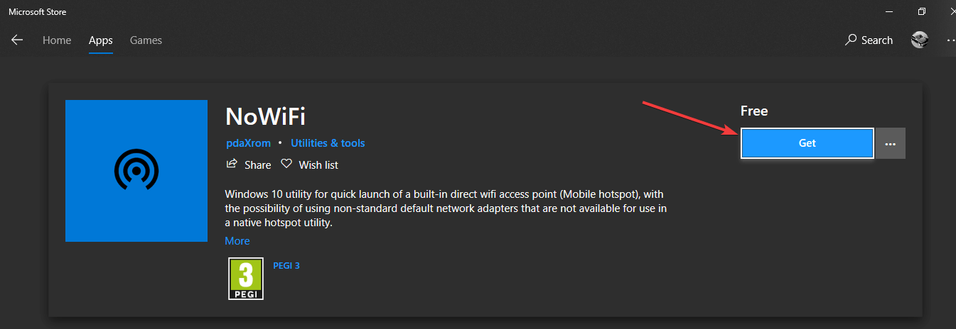 Кнопка загрузки приложения NoWifi в Microsoft Store