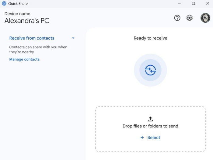 Quick Share on PC is ready to receive files. 