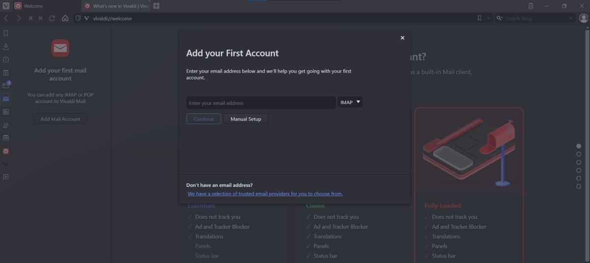 Добавление аккаунта электронной почты в Vivaldi