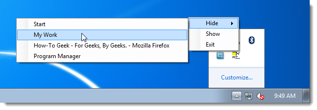 Контекстное меню Window Hider с перечнем окон для скрытия