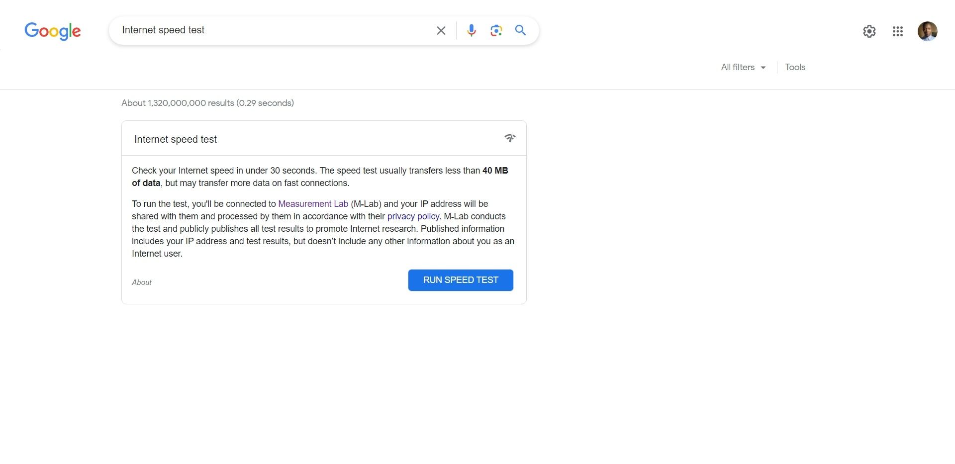 Скриншот теста скорости интернета Google M‑Lab
