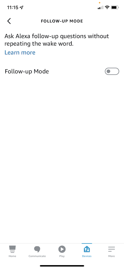 Экран переключателя режима последующих запросов Alexa