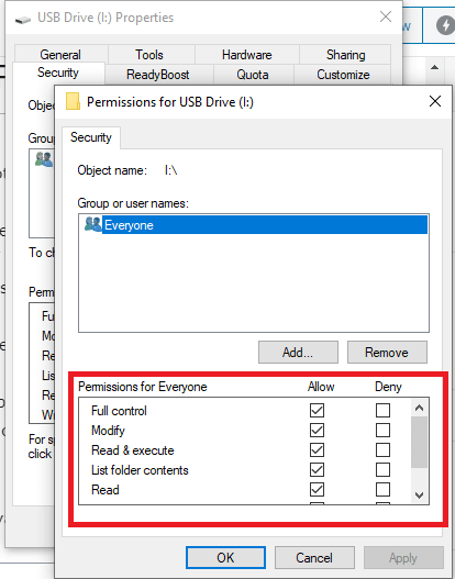 Окно Разрешения для диска с кнопкой Изменить