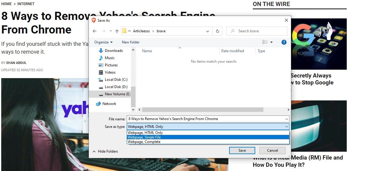 Сохранение веб‑страницы в папку Windows через Brave