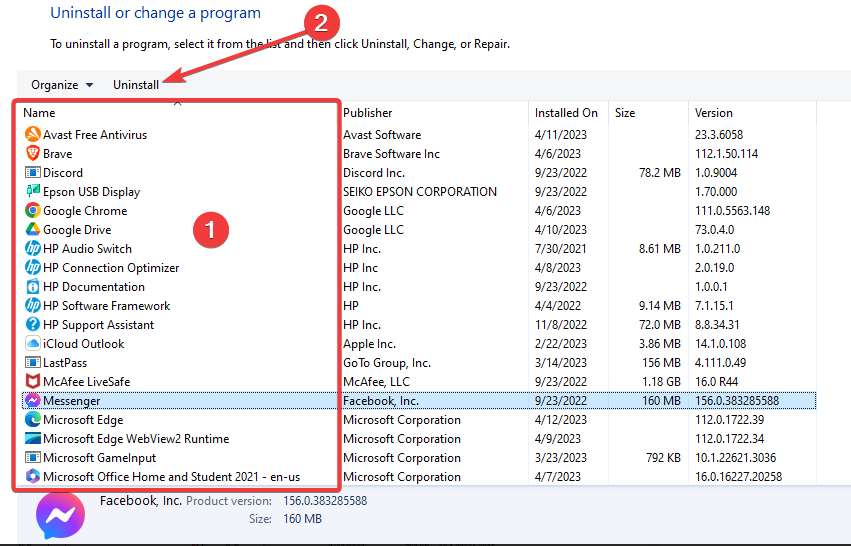 Выбор программы для удаления в списке приложений