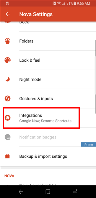 Настройки интеграций в Nova Launcher
