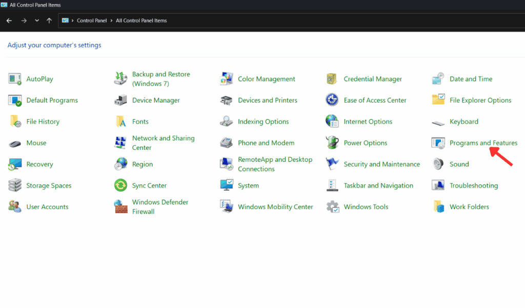 Liste des programmes dans le Panneau de configuration