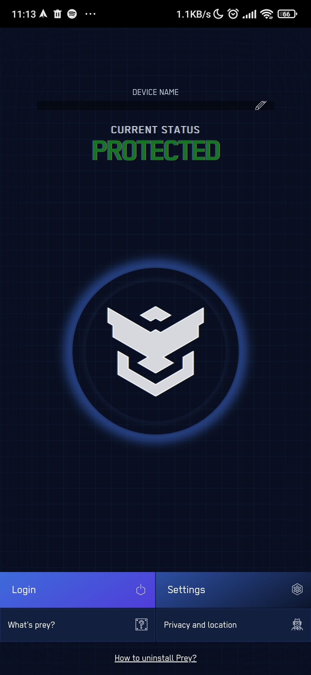 Главная страница приложения Prey