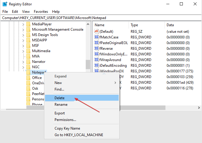 Удаление ключа Notepad в реестре