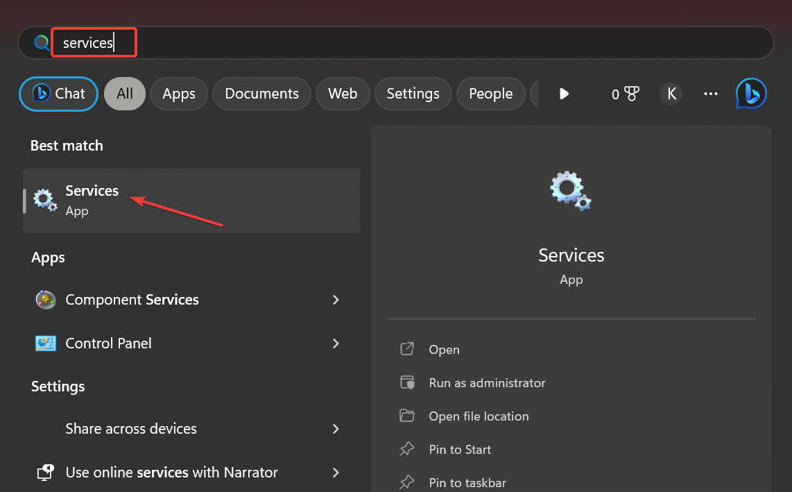 Окно «Службы»