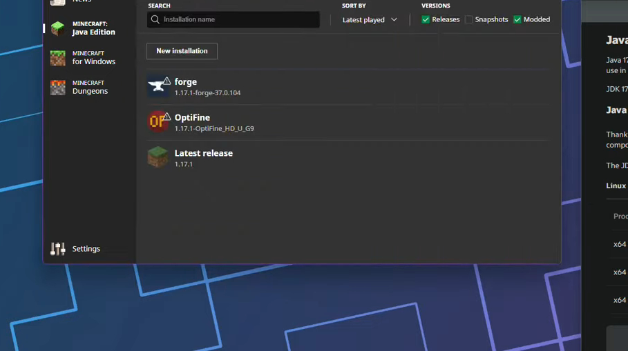 Вкладка Установки в лаунчере Minecraft