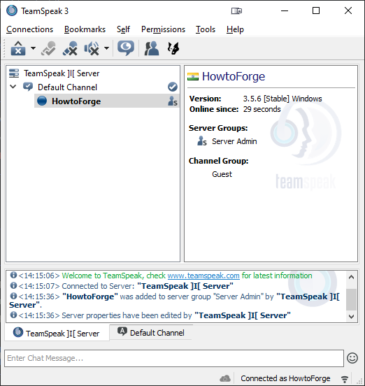 Окно успешного подключения клиента TeamSpeak к серверу