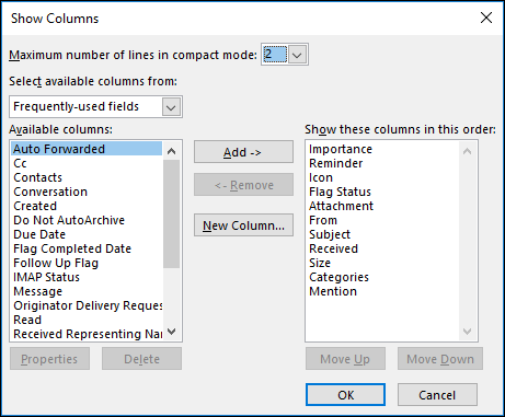 Окно Показать столбцы со списком доступных полей и выбранным полем
