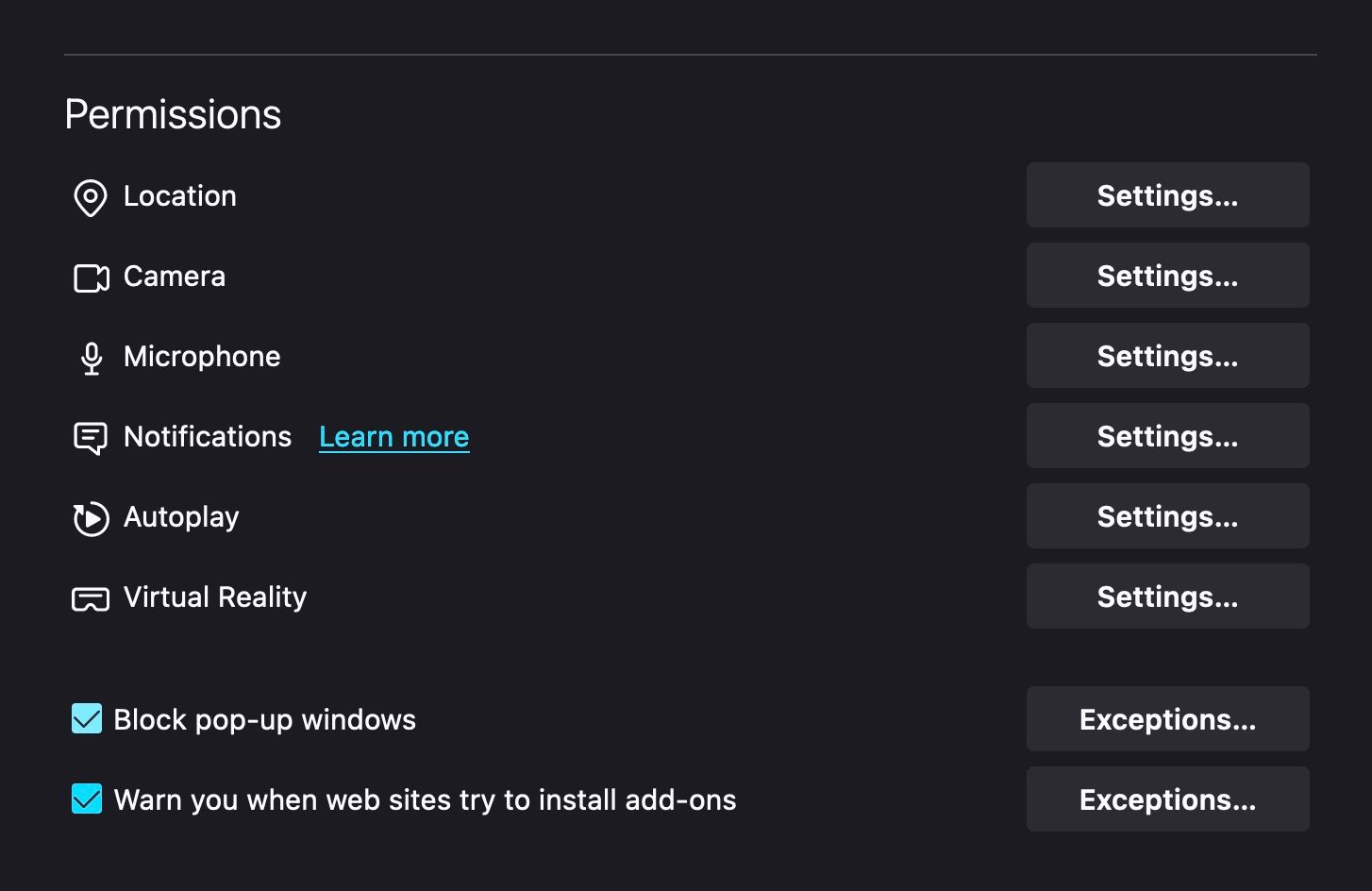 Настройки разрешений в Firefox