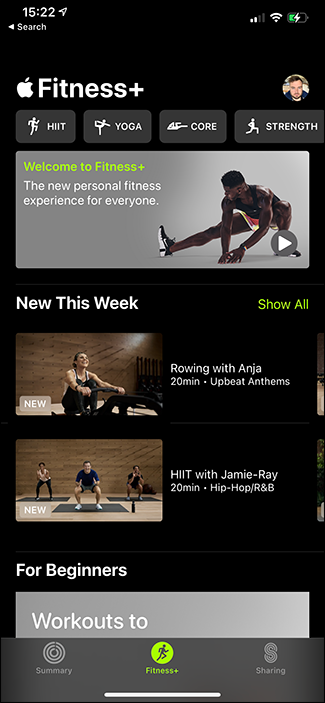 экран главной страницы Apple Fitness+