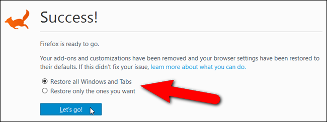 Сообщение об успешном обновлении Firefox