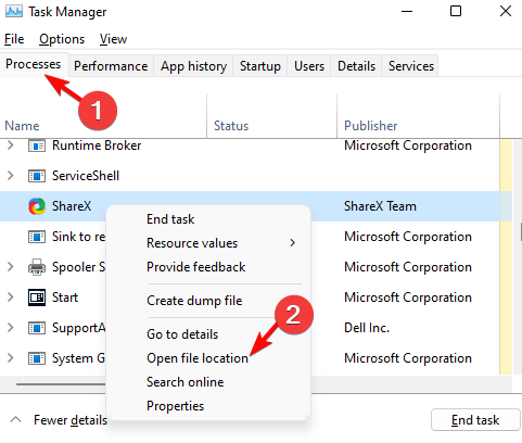 Открытие расположения файла через Диспетчер задач