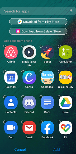 Выбор приложений для добавления в Secure Folder