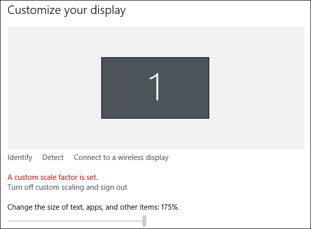 Снимок: страница Параметры экрана с неактивной шкалой пользовательского масштабирования