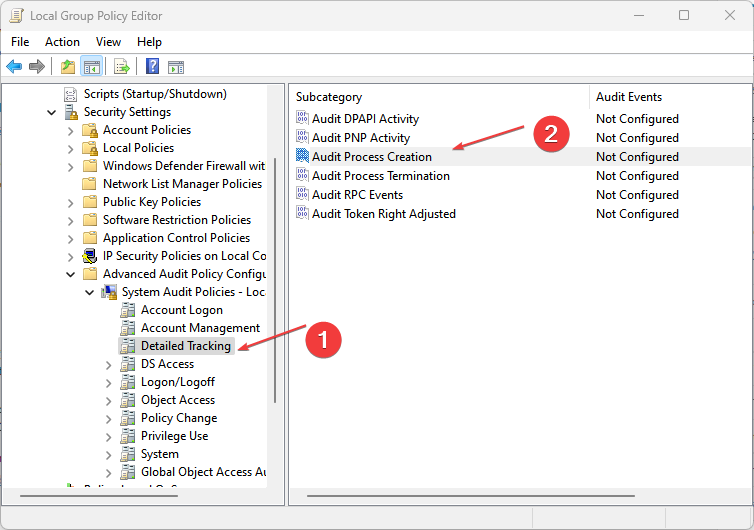 Окно редактора групповой политики, раздел Audit Process Creation выделен