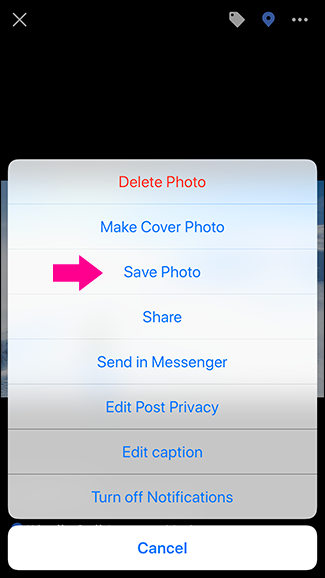 Мобильный интерфейс Facebook: опция сохранить изображение