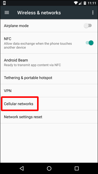 Меню Сотовые сети в Android Nougat