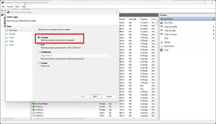 Выбор действия «Разрешить соединение» при создании правила